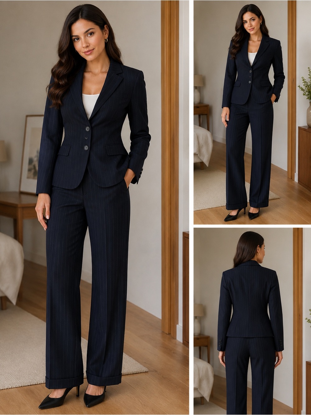 Ann Taylor 2P Navy Pinstripe Wool Blazer Lindsay Pant Suit